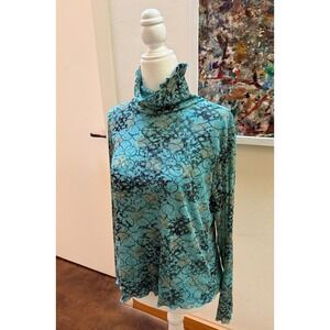 Turquoise Mesh Turtleneck‎ Lettuce Edge Long Sleeve Top fairycore